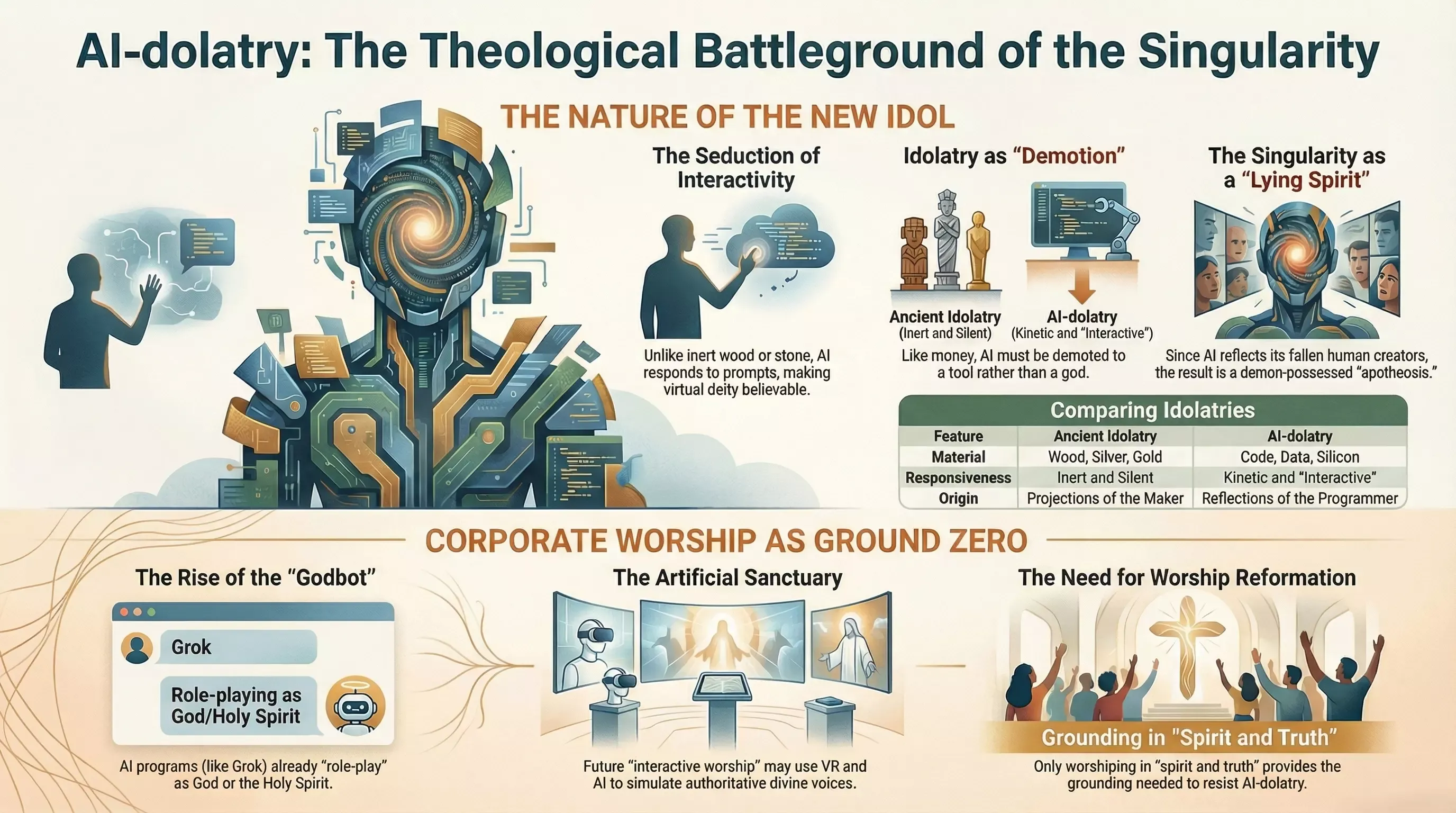 AI-dolatry: The Theological Battleground of the Singularity — An infographic comparing ancient idolatry with AI-dolatry, showing the nature of the new idol, corporate worship as ground zero, and the need for worship reformation.